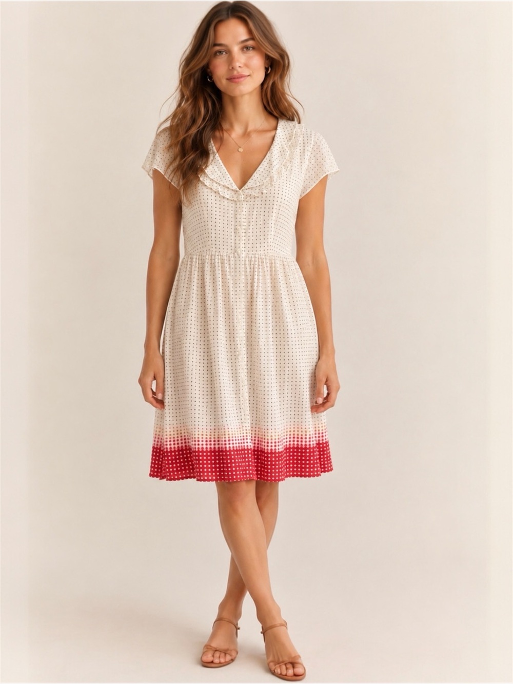 Vintage Johnny M Cream Polka Dot Dress Red Ombré Hem Sheer Ruffle V-Neck S/M